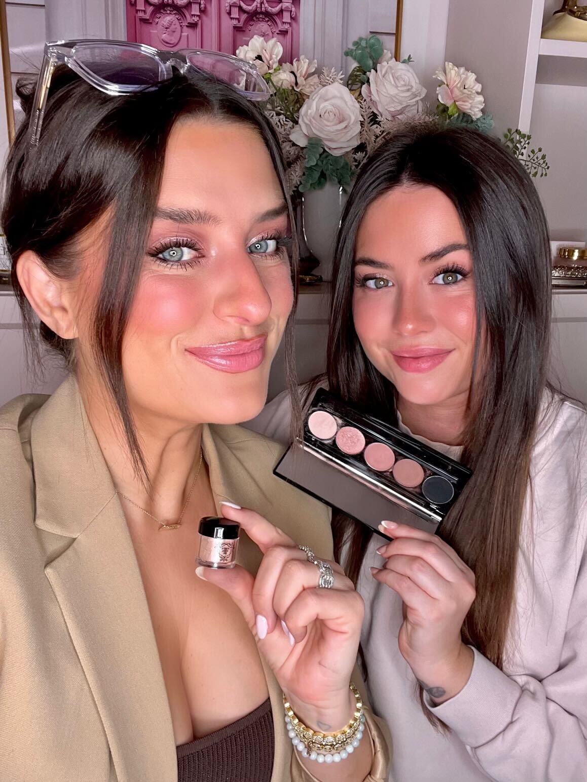 Models wearing glittery eyeshadow and bold lipstick